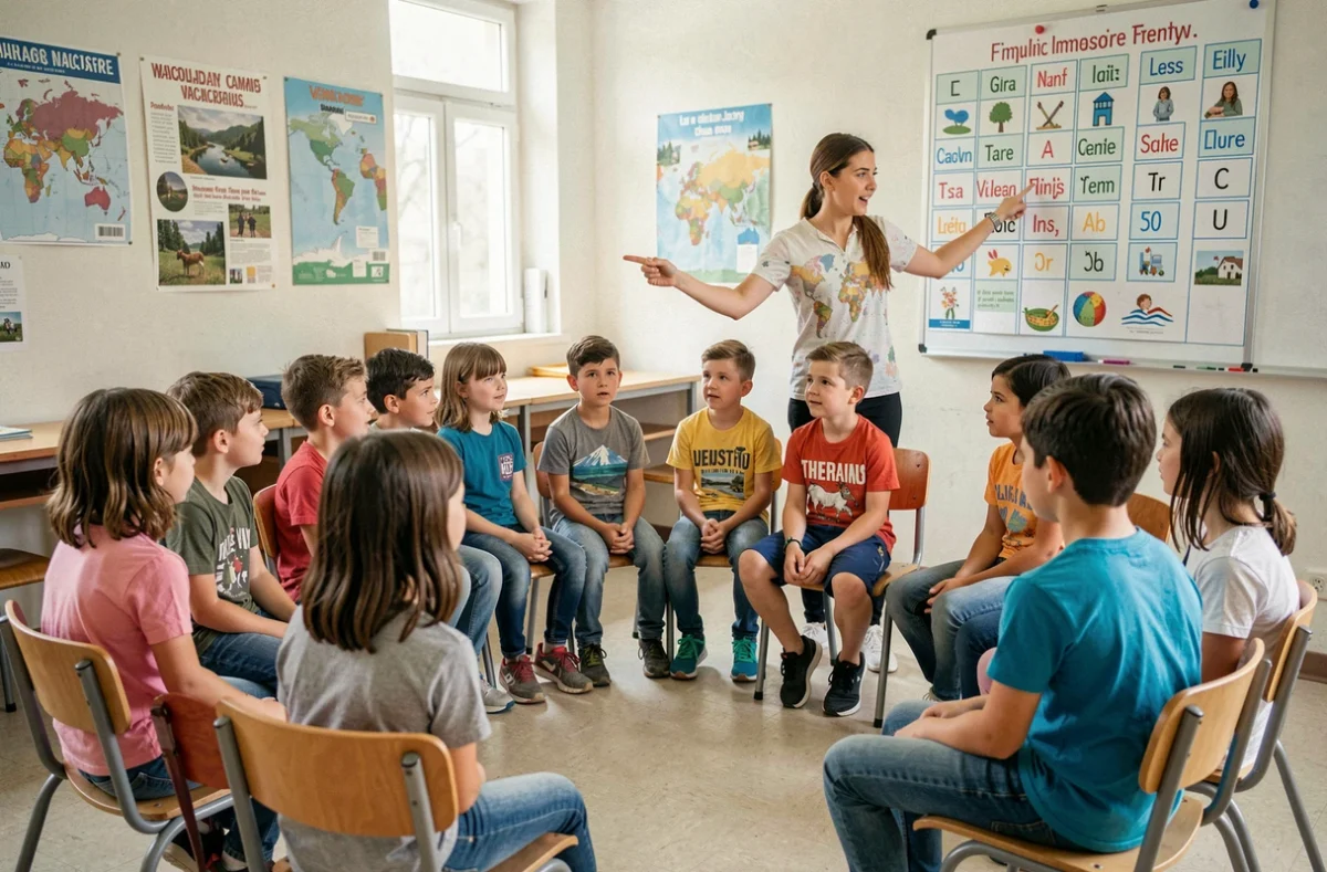 Groupe d'enfants participant à un atelier de langue anglaise animé par un moniteur lors d'un séjour linguistique Action Séjours dans le Nord