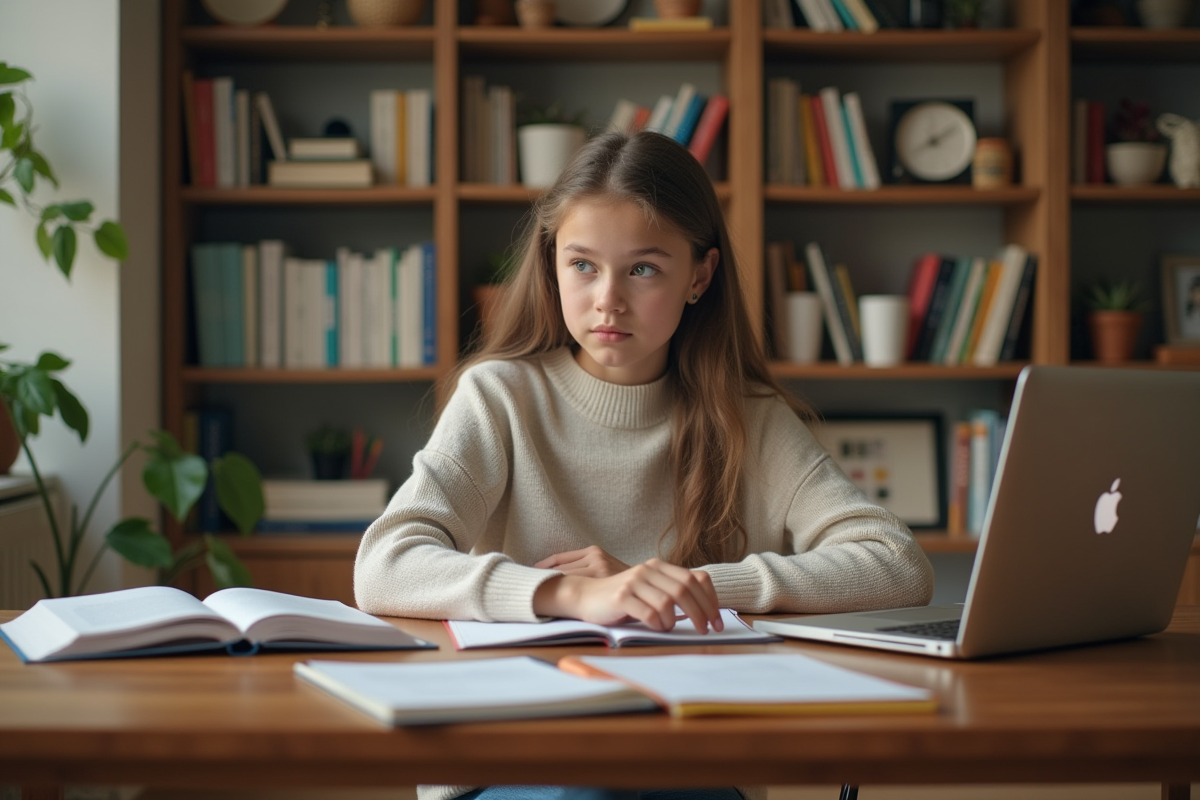 Adolescente concentrée travaillant sur son ordinateur à la maison