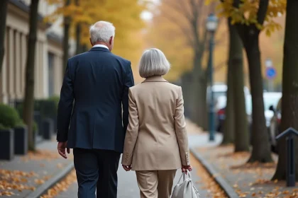 Couple élégant se promenant dans une rue parisienne, illustrant la vie privée préservée d'Alain Madelin et son épouse