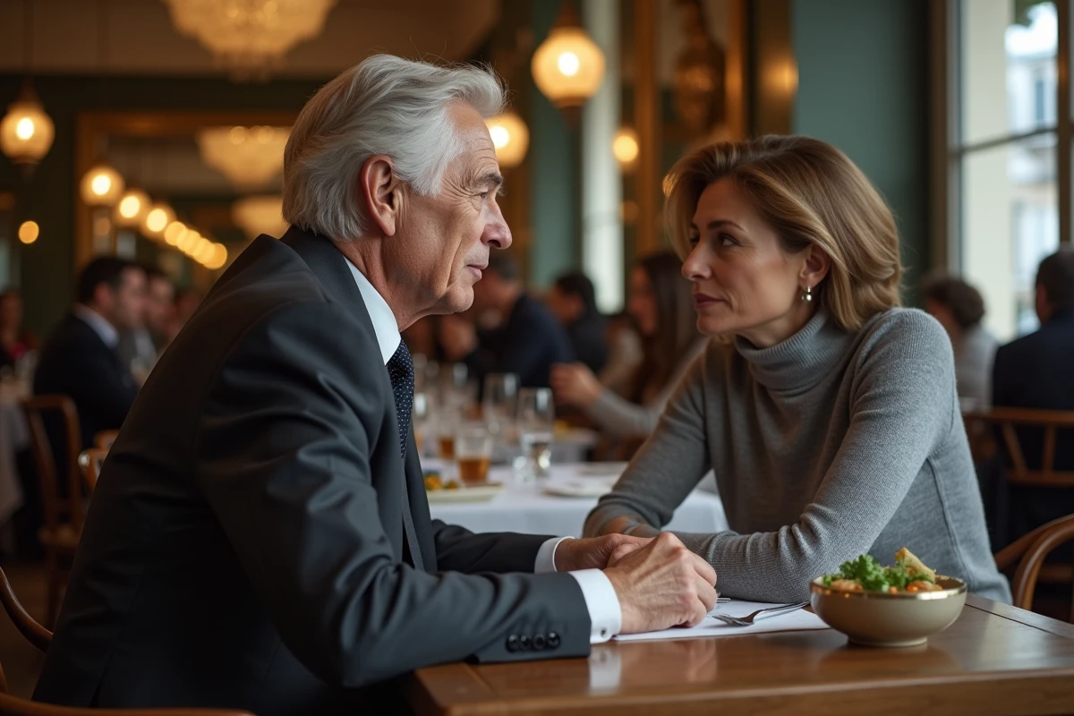 Couple discret attablé dans une brasserie parisienne, symbolisant la protection de la sphère privée d'un homme politique français
