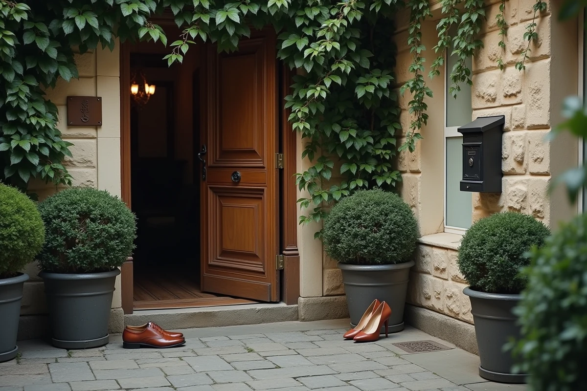 Porte d'entrée d'un immeuble parisien symbolisant la vie privée protégée d'un couple de personnalités publiques françaises