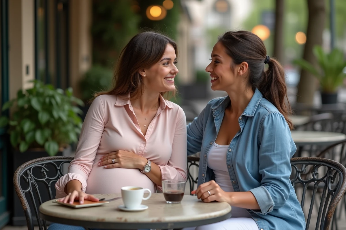 Deux amies dont une femme enceinte en conversation bienveillante en terrasse, symbolisant le soutien entre futures mamans inspiré par Katrina Patchett
