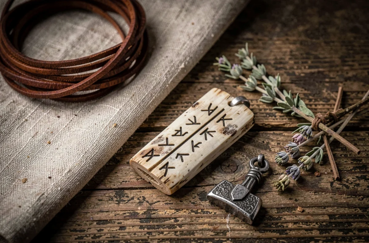 Amulettes runiques vikings en os et fer sur bois ancien, symboles nordiques de protection familiale