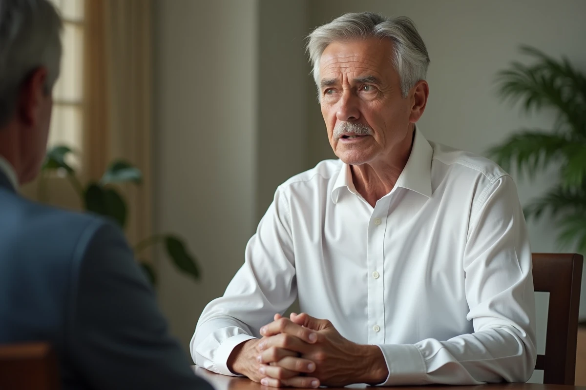 Animateur médiatique en chemise blanche dans une loge de studio télévision, portrait journalistique et élégant