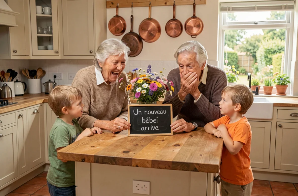 Grands-parents surpris et petits-enfants existants autour d'un panneau ardoise annonçant l'arrivée d'un nouveau bébé dans une cuisine familiale chaleureuse