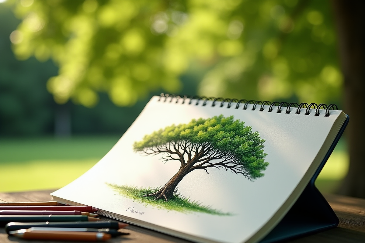 Arbre dessiné dans un carnet en extérieur sous un arbre feuillu