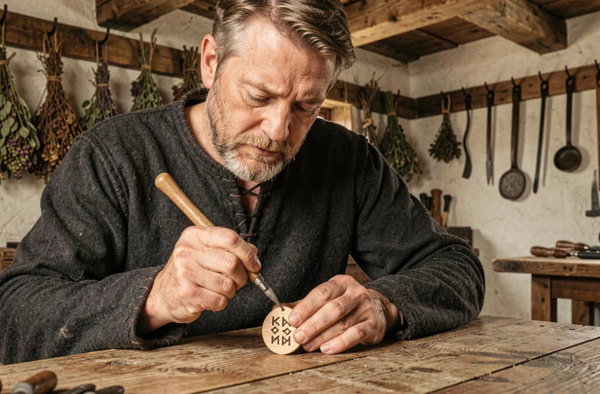 Artisan scandinave sculptant des runes vikings sur un pendentif en bois dans un atelier traditionnel nordique