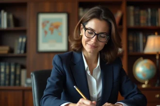 Avocate spécialisée en droit de l'adoption internationale révisant des documents juridiques dans son cabinet professionnel