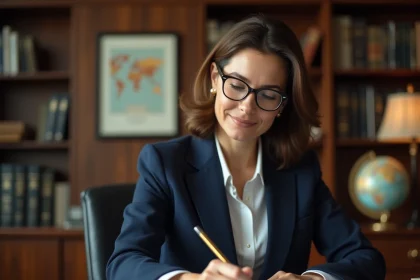 Avocate spécialisée en droit de l'adoption internationale révisant des documents juridiques dans son cabinet professionnel