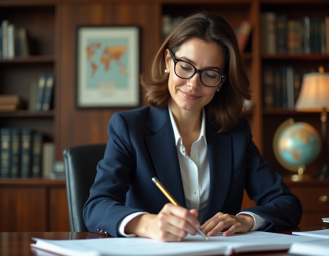 Avocate spécialisée en droit de l'adoption internationale révisant des documents juridiques dans son cabinet professionnel