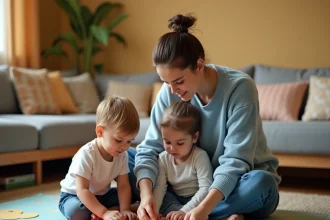 Baby-sitter en pull bleu aidant deux enfants à faire un puzzle sur un tapis coloré dans un salon familial