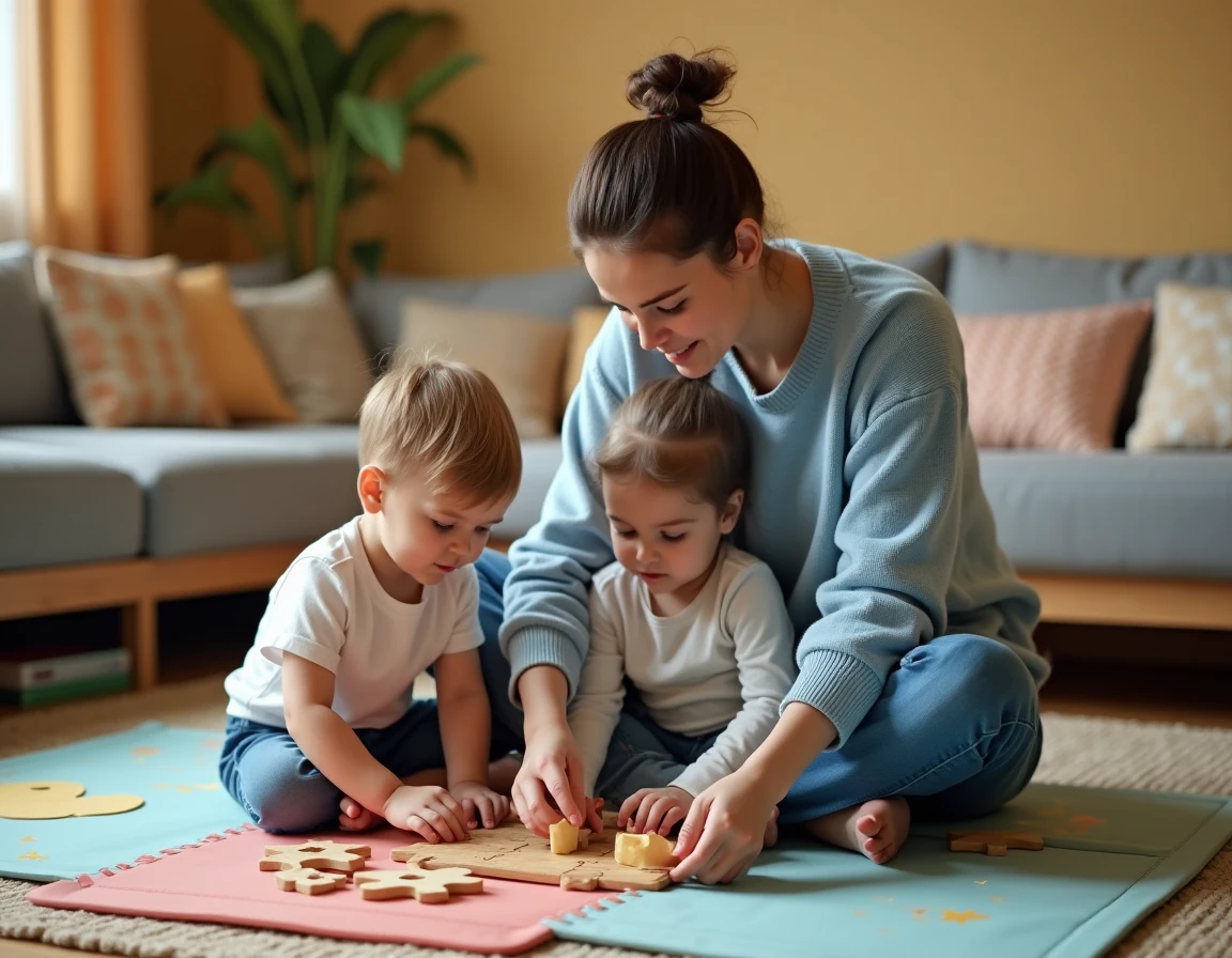 Baby-sitter en pull bleu aidant deux enfants à faire un puzzle sur un tapis coloré dans un salon familial