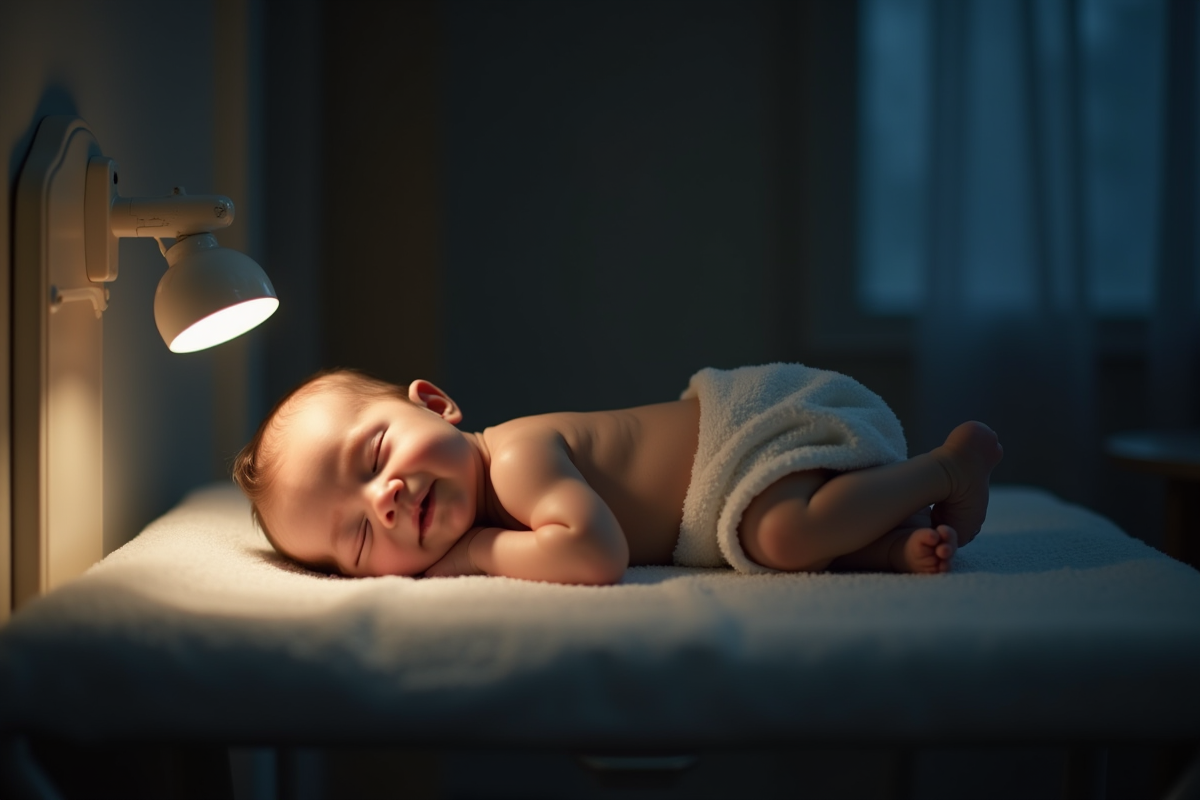 Bébé allongé sur la table à langer éclairé doucement la nuit