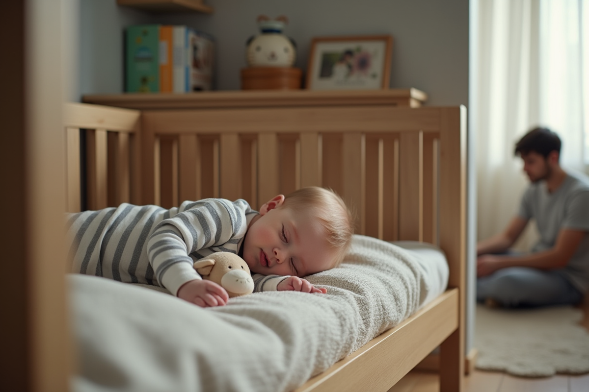 Bebe fille endormie dans un lit en bois avec jouet en peluche