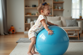 Bébé fille de 12 mois sautant sur un ballon bleu dans un salon