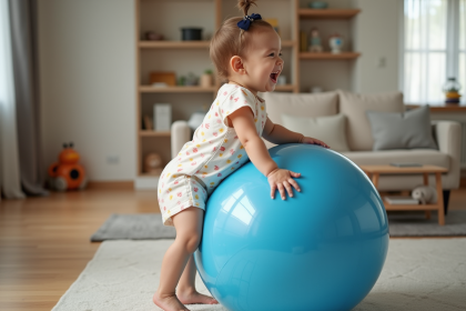 Bébé fille de 12 mois sautant sur un ballon bleu dans un salon