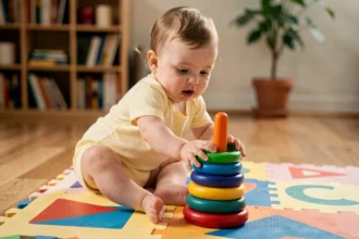 Bébé d'un an jouant avec des anneaux d'empilage colorés sur un tapis de jeu en mousse dans un salon chaleureux