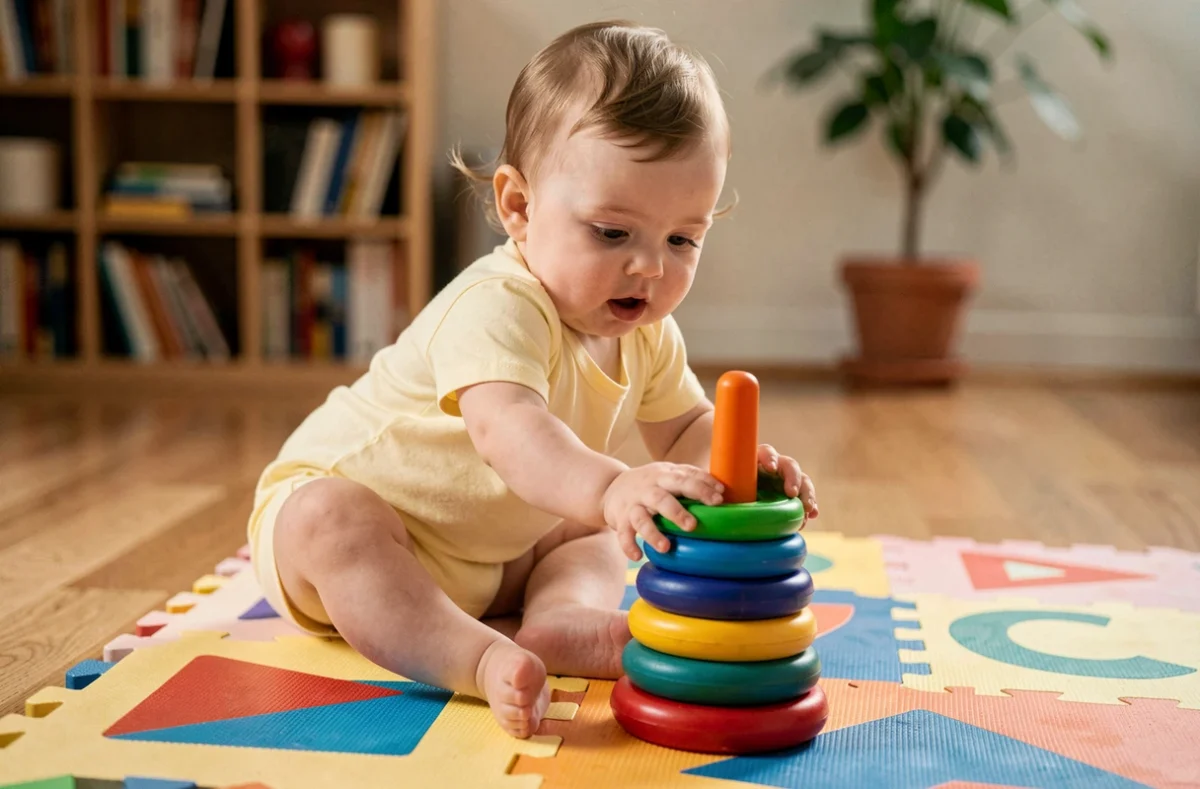 Bébé d'un an jouant avec des anneaux d'empilage colorés sur un tapis de jeu en mousse dans un salon chaleureux
