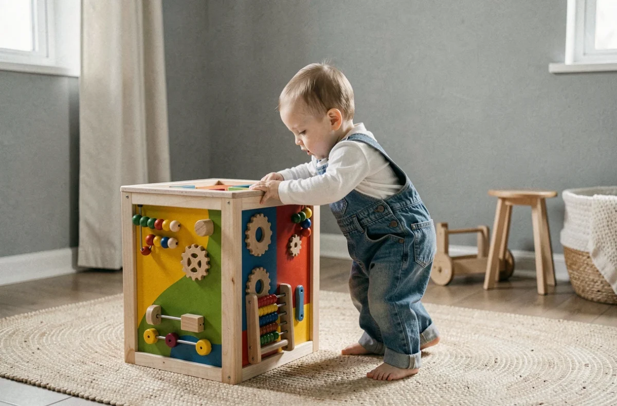Bébé d'un an debout contre un cube d'activités en bois dans une chambre de bébé moderne et épurée