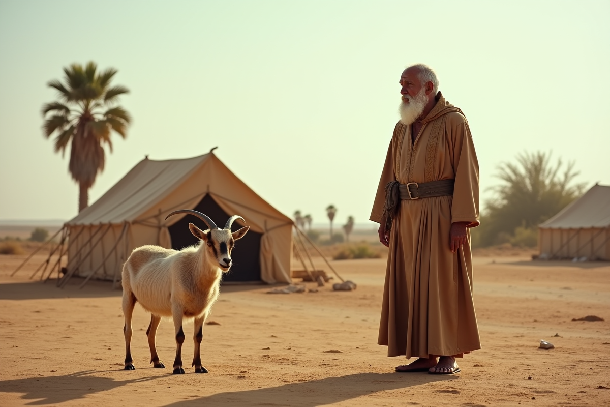 Vieux berger avec une chèvre dans un paysage désertique