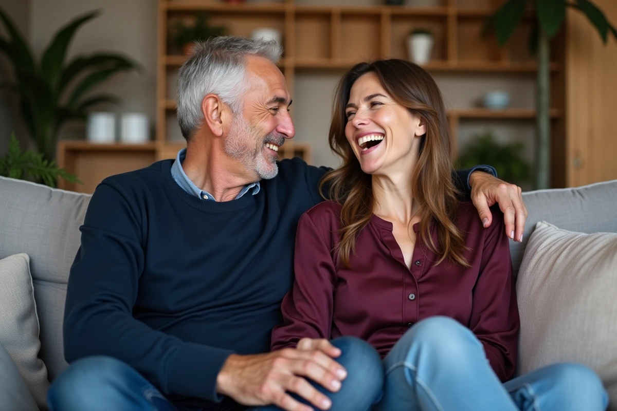Couple complice souriant ensemble dans un salon cosy, illustrant la vie privée de l'humoriste Booder et sa compagne