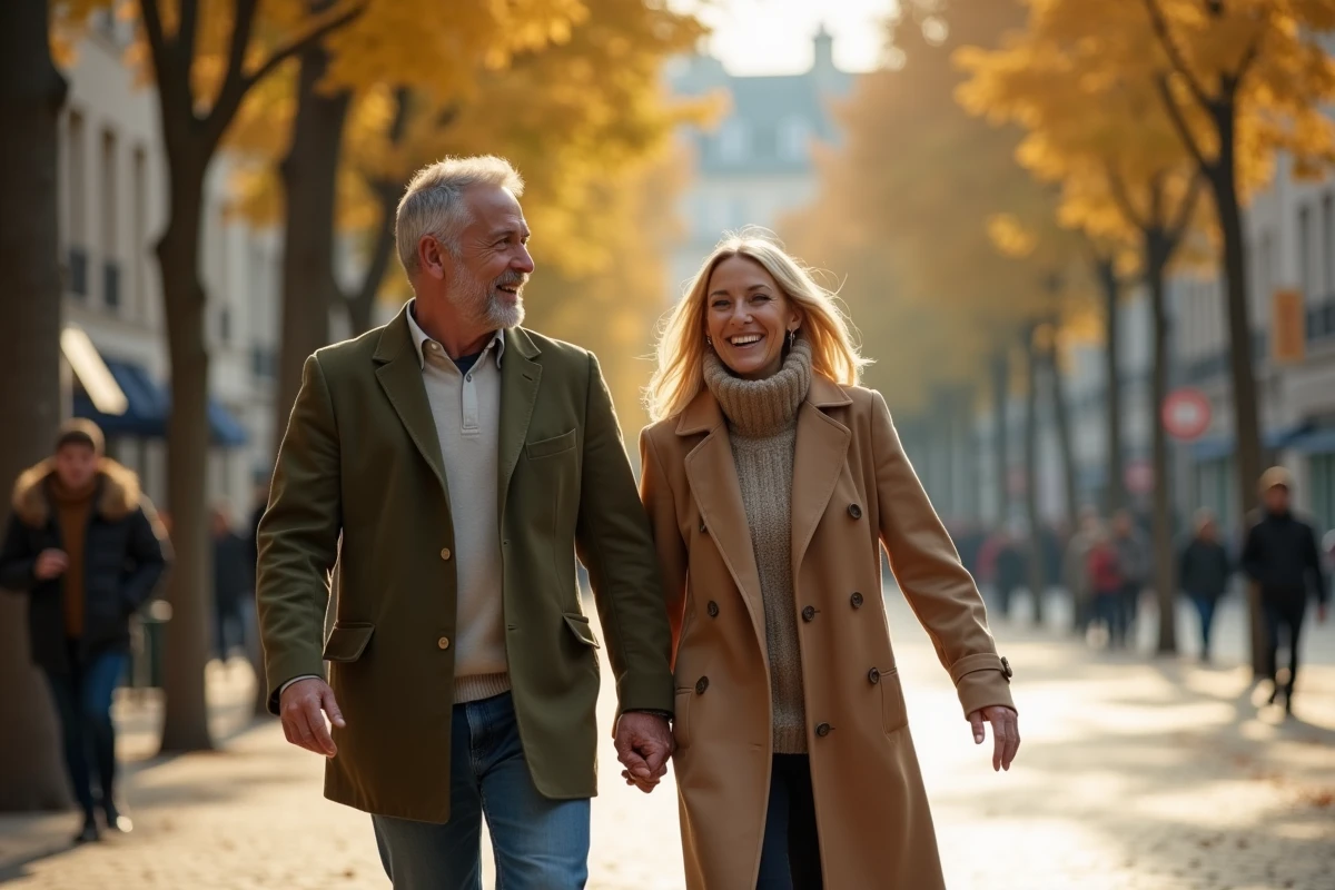 Couple se promenant main dans la main dans une rue parisienne en automne, symbolisant la relation épanouie de Booder et sa compagne