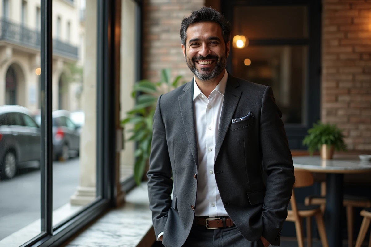Portrait authentique d'un humoriste français souriant lors d'une interview, évoquant les révélations personnelles de Booder sur sa vie amoureuse