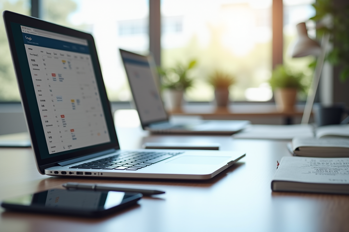 Bureau moderne avec ordinateur affichant Google Calendar et smartphone