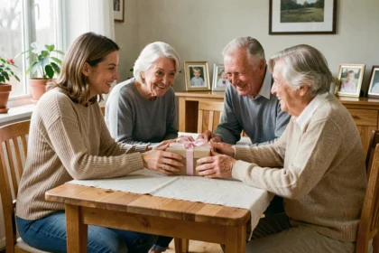 Couple annonçant une grossesse aux grands-parents en offrant un cadeau emballé autour d'une table familiale avec photos d'autres petits-enfants en arrière-plan