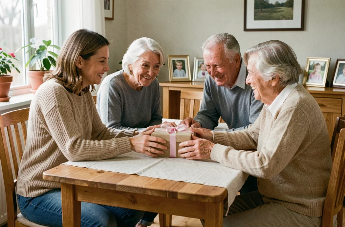 Couple annonçant une grossesse aux grands-parents en offrant un cadeau emballé autour d'une table familiale avec photos d'autres petits-enfants en arrière-plan