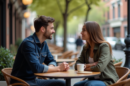 Homme et femme discutent dans un café urbain en plein air