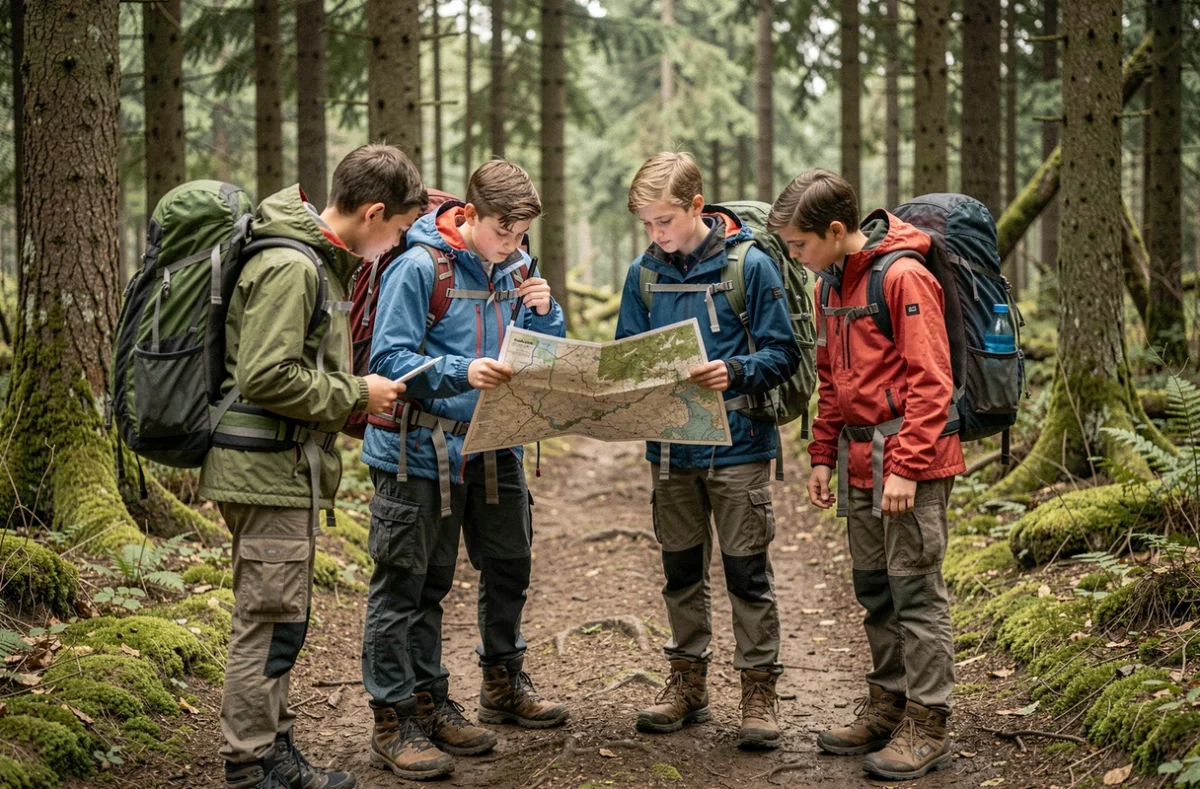 Adolescents en randonnée dans une forêt du Nord consultant une carte lors d'une colonie aventure et découverte avec le CEI