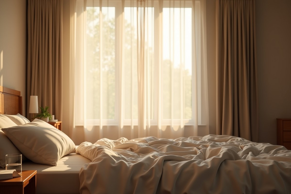 Chambre lumineuse avec soleil du matin et lit reposé