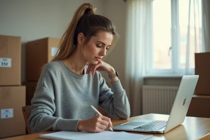 Femme remplissant un formulaire de changement d'adresse à la CAF sur un ordinateur portable, entourée de cartons de déménagement dans un appartement