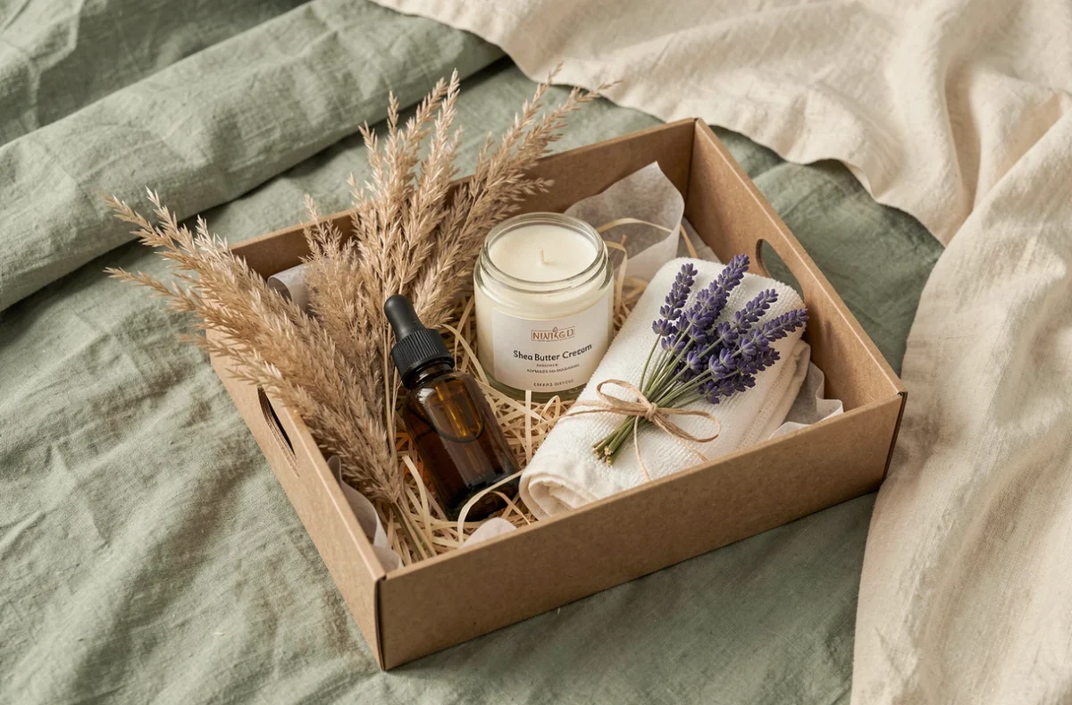 Coffret cadeau bien-être pour femme enceinte avec huile de massage, beurre de karité et bougie à la lavande présenté en flat lay