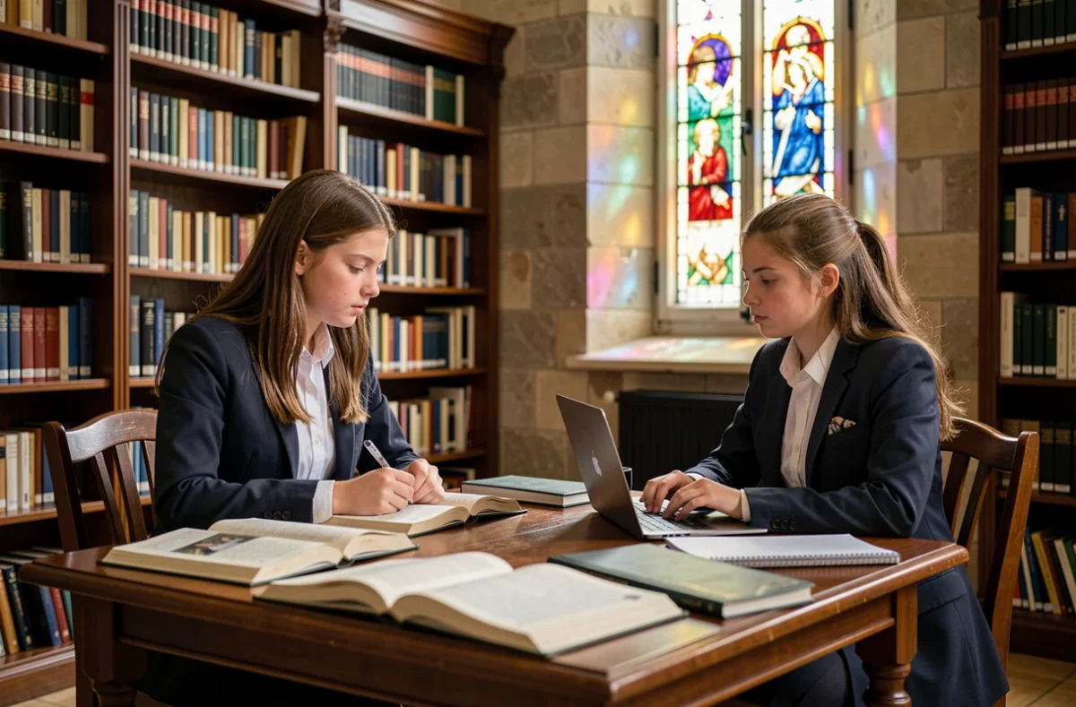 Élèves du collège et lycée Sainte-Catherine-de-Sienne travaillant dans une bibliothèque scolaire