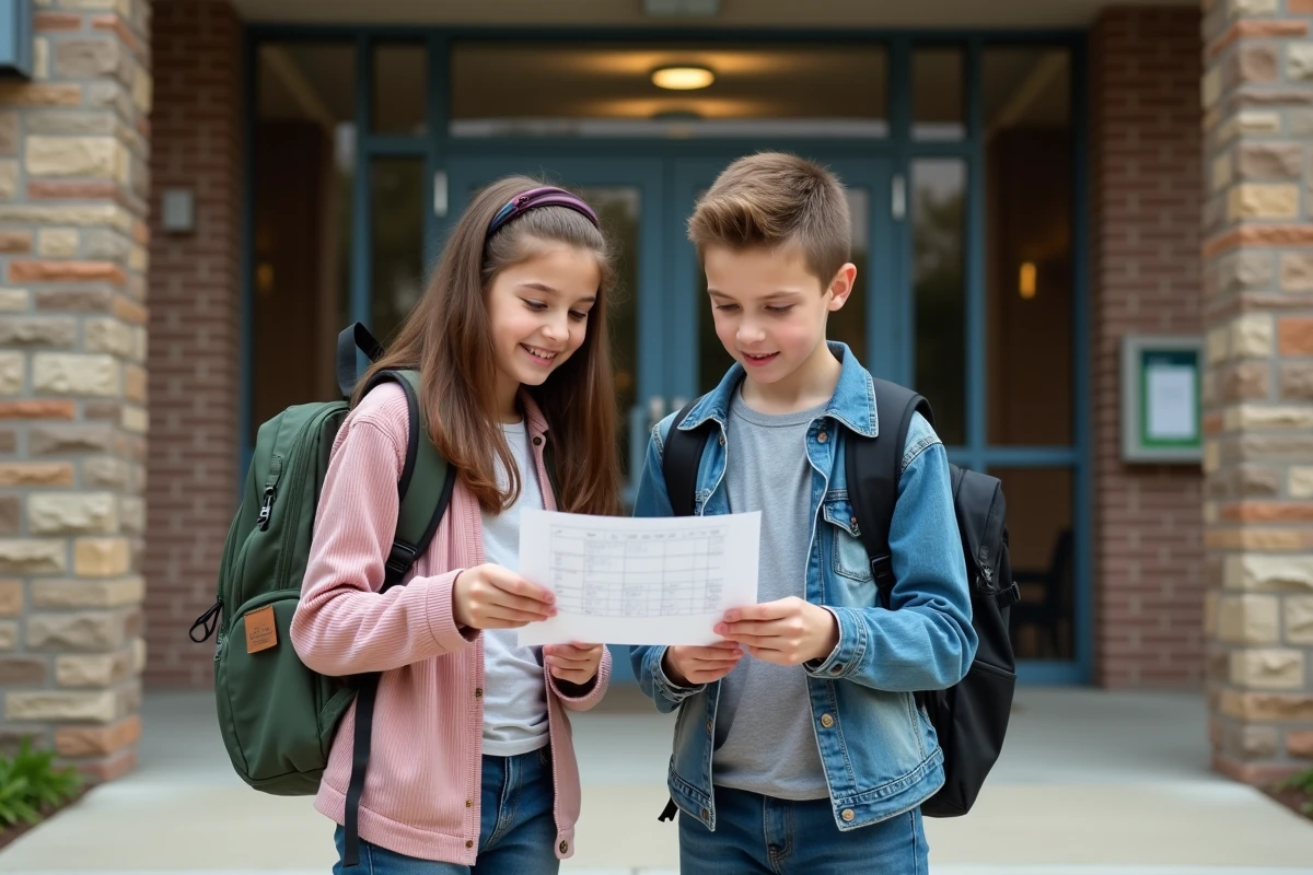 Collégiens devant l'entrée du collège vérifiant leur planning de semaines paires et impaires pour 2026