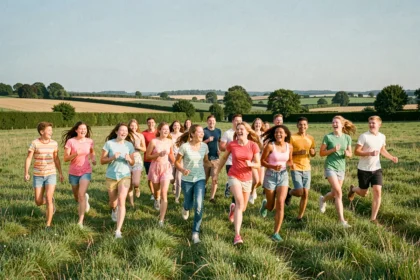 Groupe de jeunes adolescents courant dans une prairie verte pendant une colonie de vacances dans les Hauts-de-France