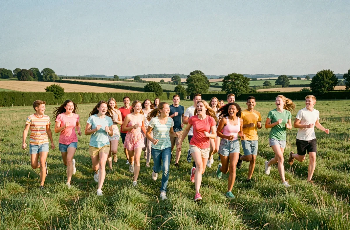 Groupe de jeunes adolescents courant dans une prairie verte pendant une colonie de vacances dans les Hauts-de-France
