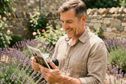 Homme tenant une photographie imprimée dans un jardin fleuri, évoquant la curiosité autour d'une photo virale liée au compagnon de Stéphane Marie