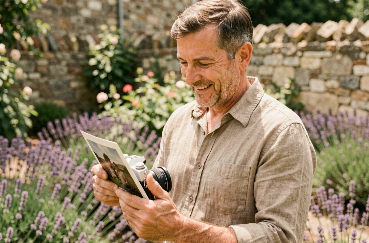 Homme tenant une photographie imprimée dans un jardin fleuri, évoquant la curiosité autour d'une photo virale liée au compagnon de Stéphane Marie