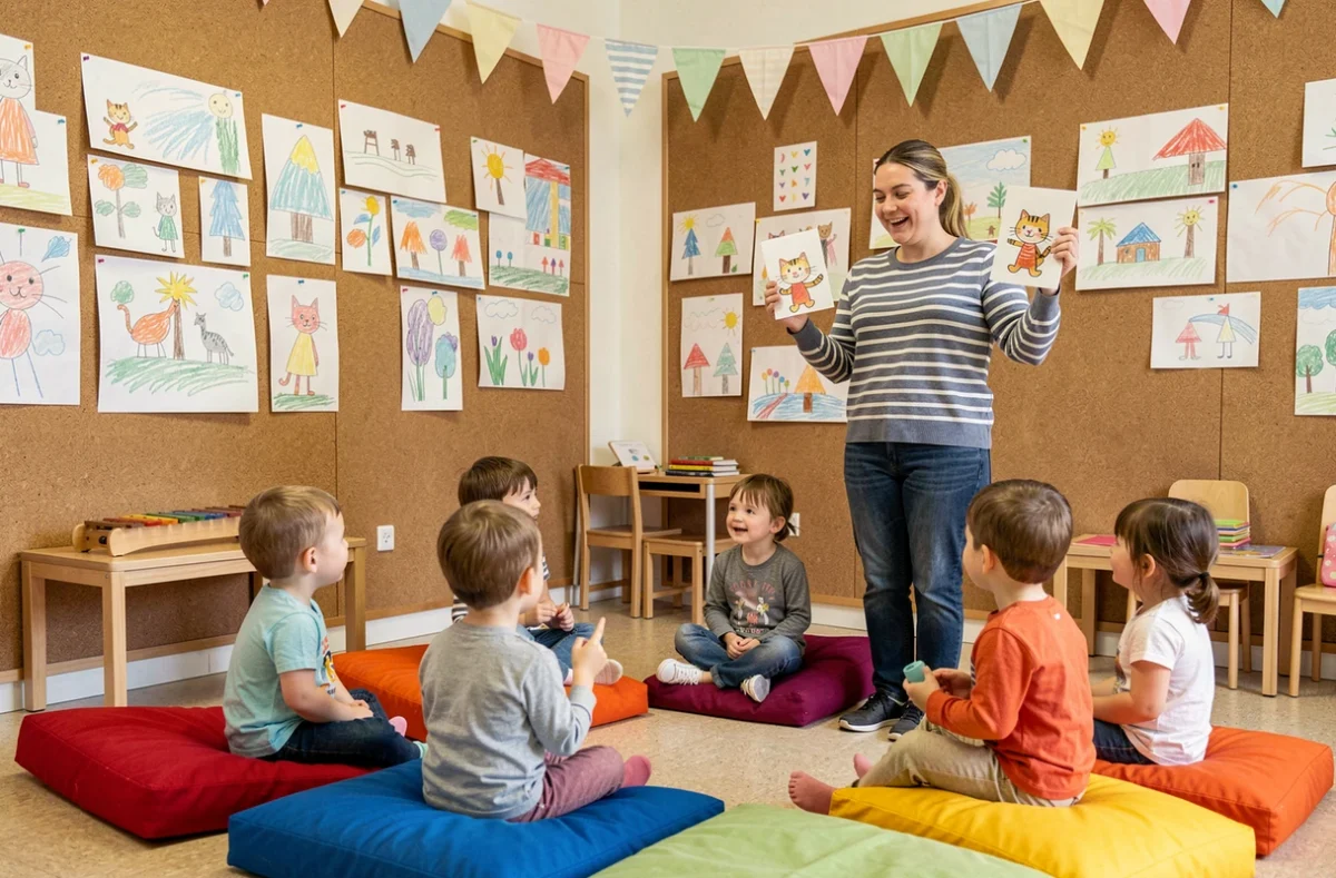 Éducatrice animant une séance de comptine Les 3 petits chats avec des enfants en crèche