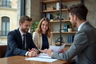 Jeune couple en mairie examinant des documents officiels