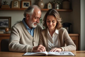Couple d'âge moyen regardant un scrapbook dans une cuisine chaleureuse
