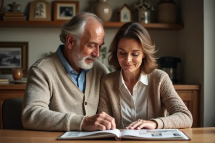Couple d'&acirc;ge moyen regardant un scrapbook dans une cuisine chaleureuse