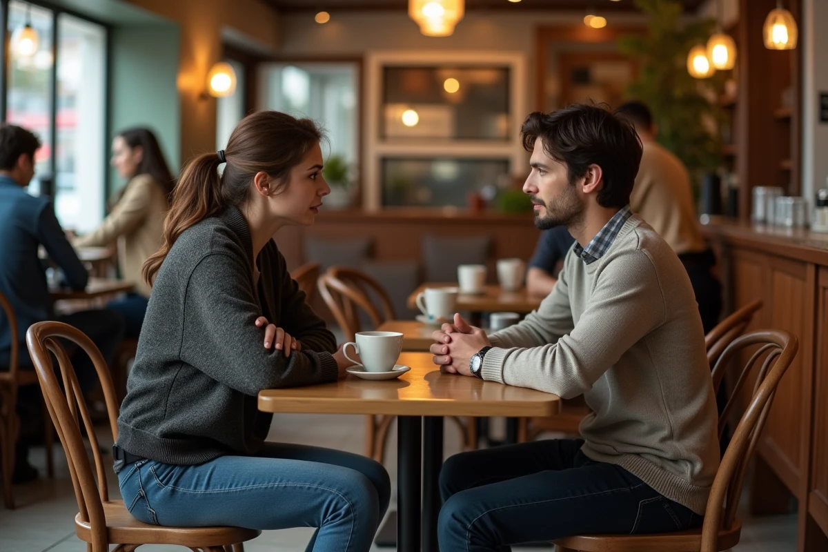 Couple dans un café, homme au regard fuyant et posture fermée face à sa partenaire, illustrant la distance émotionnelle d'un homme évitant en amour
