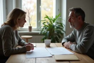 Couple en train de signer des documents de divorce à une table en bois dans un appartement français