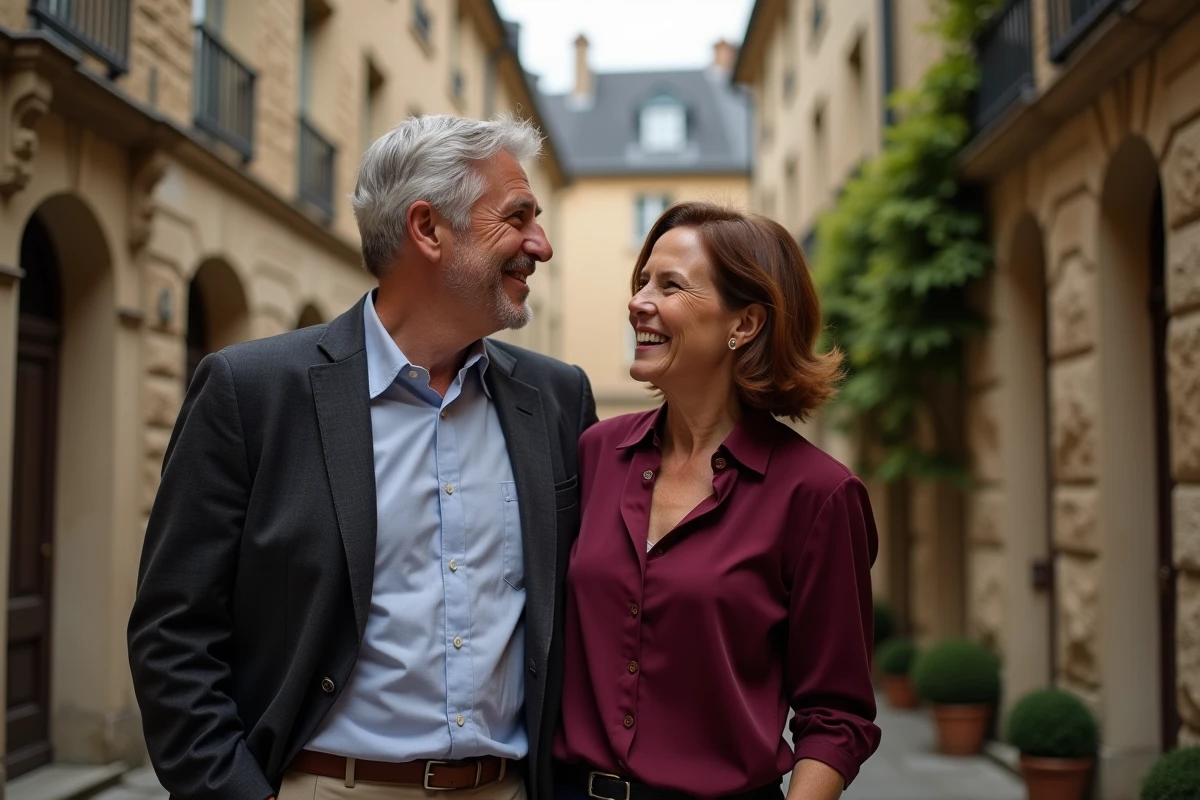 Couple élégant riant dans une cour parisienne en pierre, moment candide et authentique en extérieur