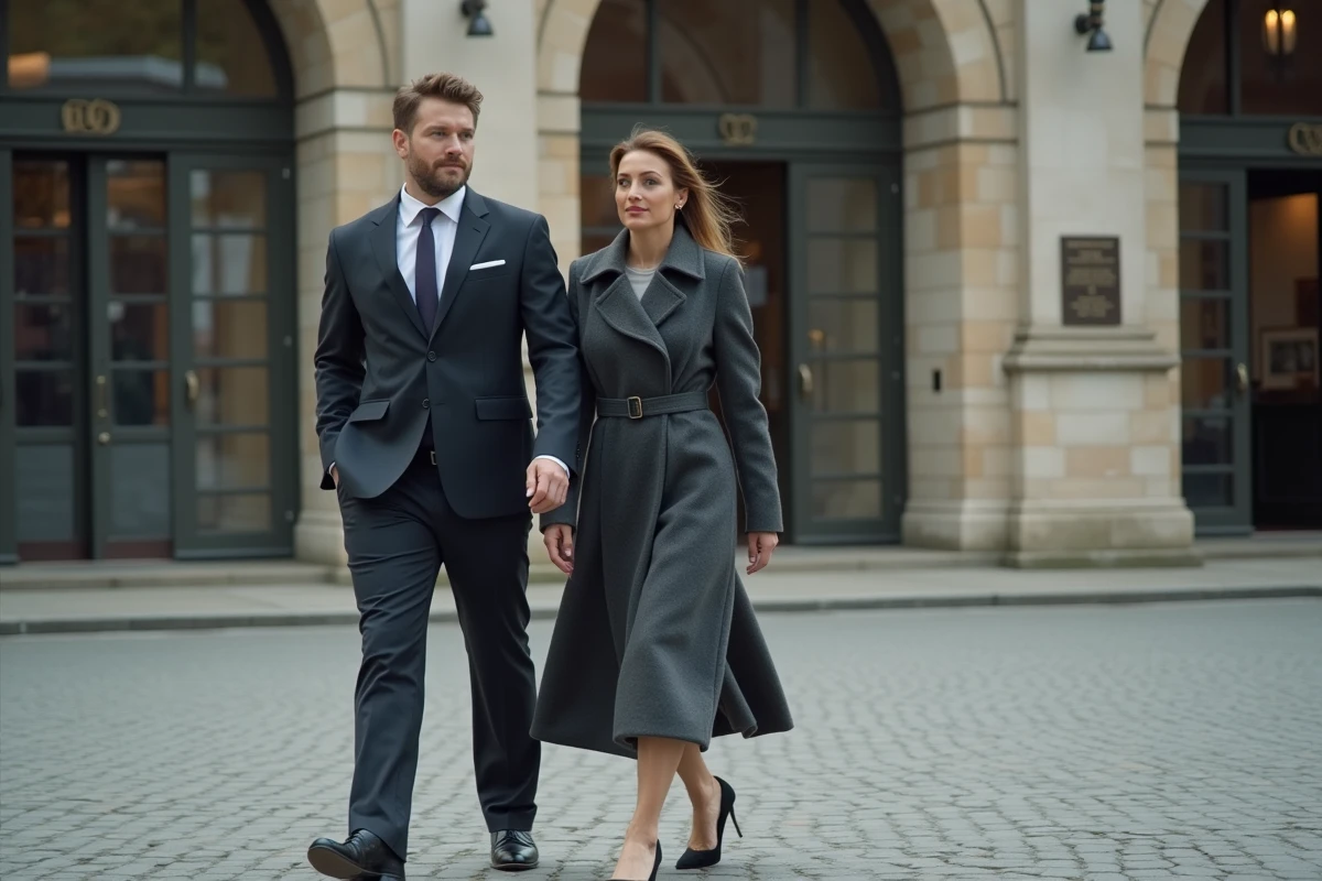 Couple élégant marchant sur une place pavée devant une institution culturelle, style prise de vue journalistique