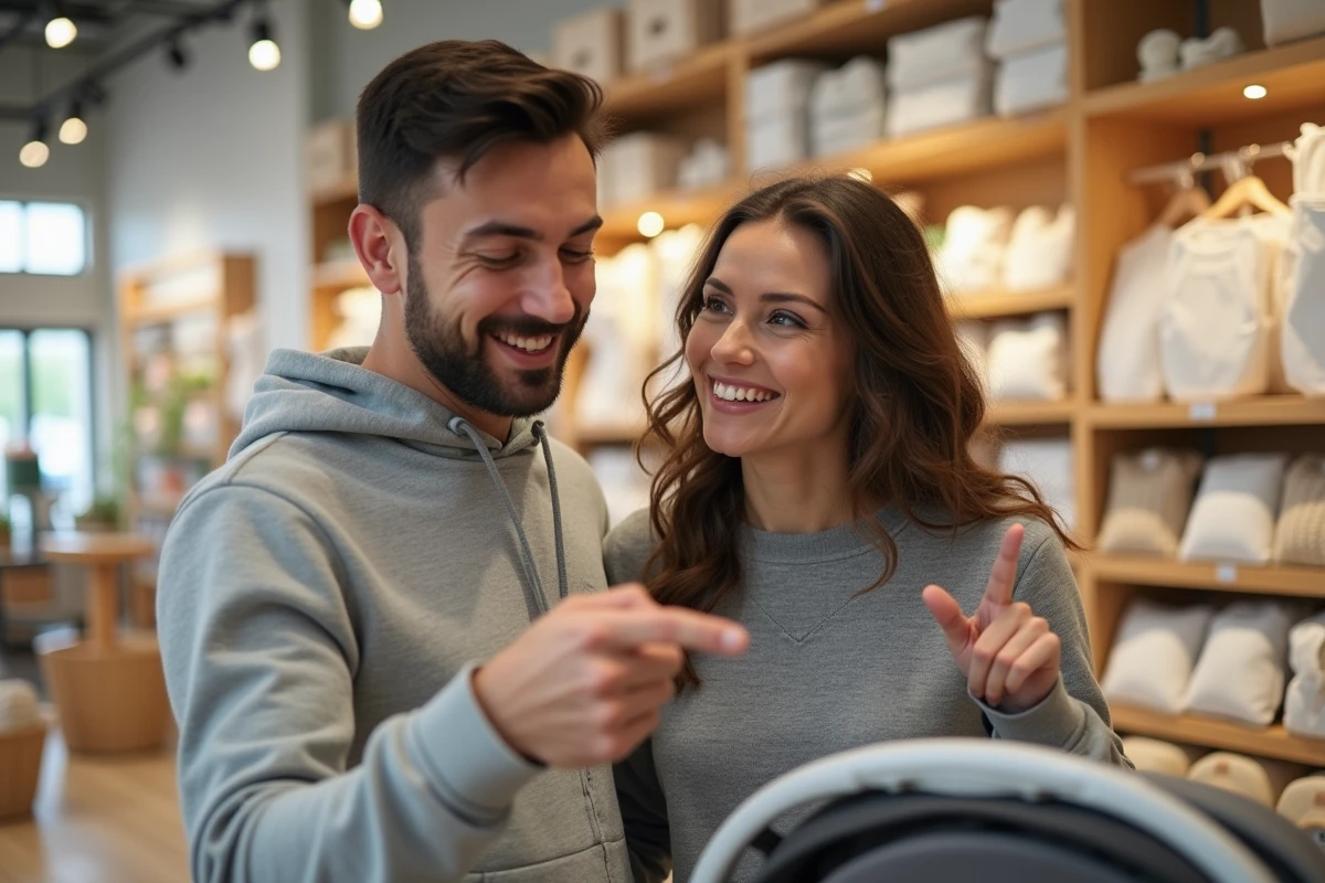 Couple choisissant un article pour leur liste de naissance dans un magasin de puériculture